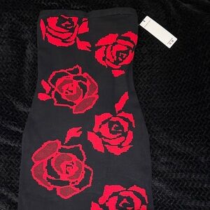 Black and Red Rose Strapless Dress
